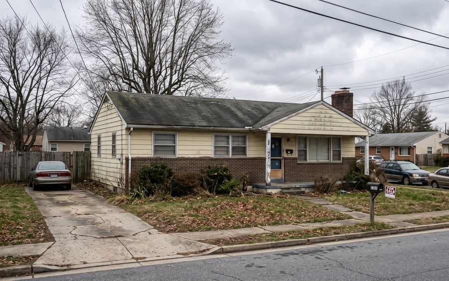 A tired house exterior with an overgrown yard and a for-sale sign on a Maryland street.