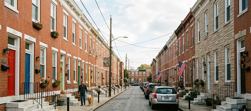 A classic Baltimore City rowhome block with marble steps and brick rowhouses