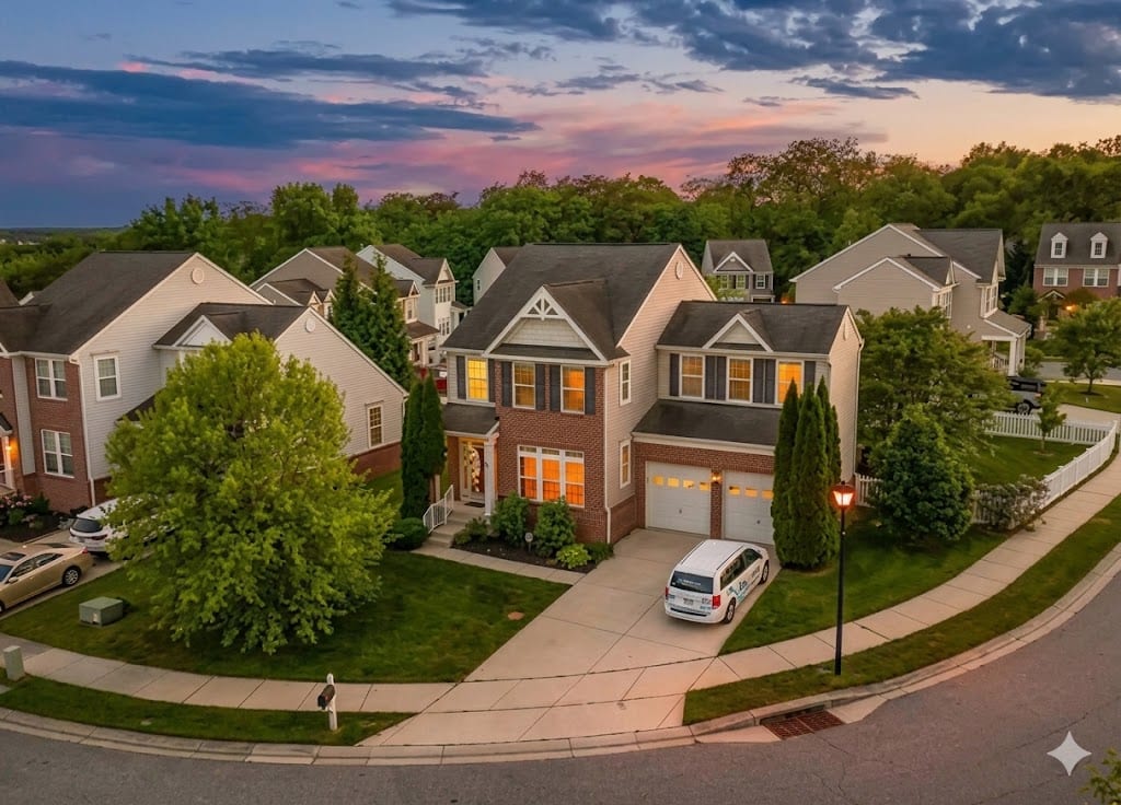 A Baltimore County neighborhood at dusk, the kind of homes Deep Roots REI buys as-is for cash.