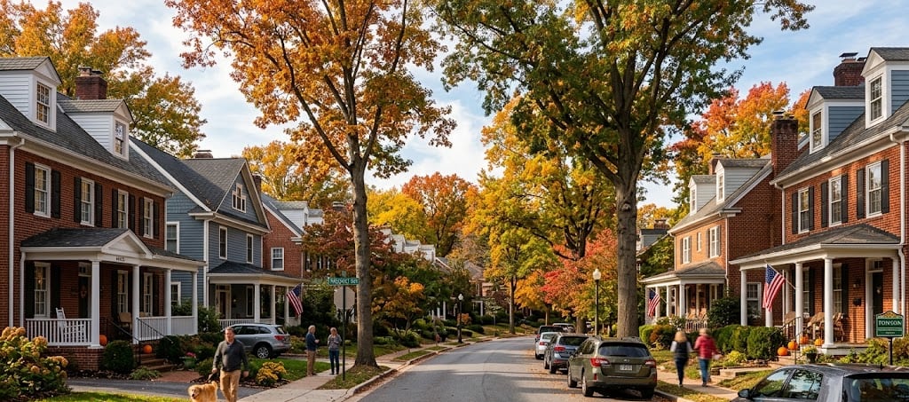 A tree-lined Baltimore County street of brick and frame homes in autumn