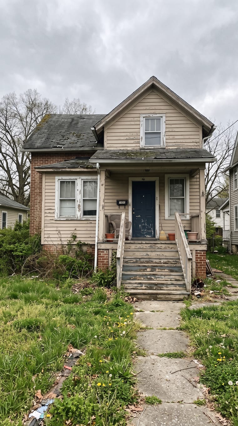 A Maryland home that needs work, with peeling paint, worn front steps, and an overgrown yard, the kind of house Deep Roots REI buys as-is for cash.