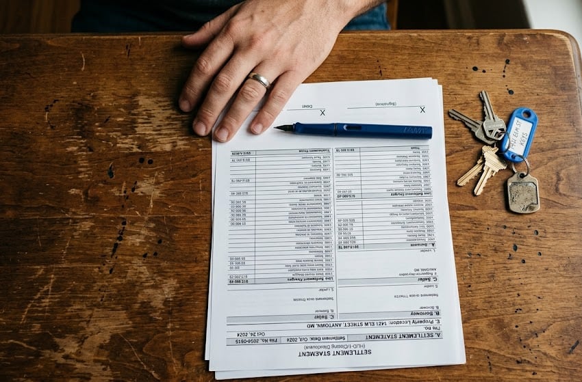 A settlement statement, a pen, and a set of house keys on a closing table